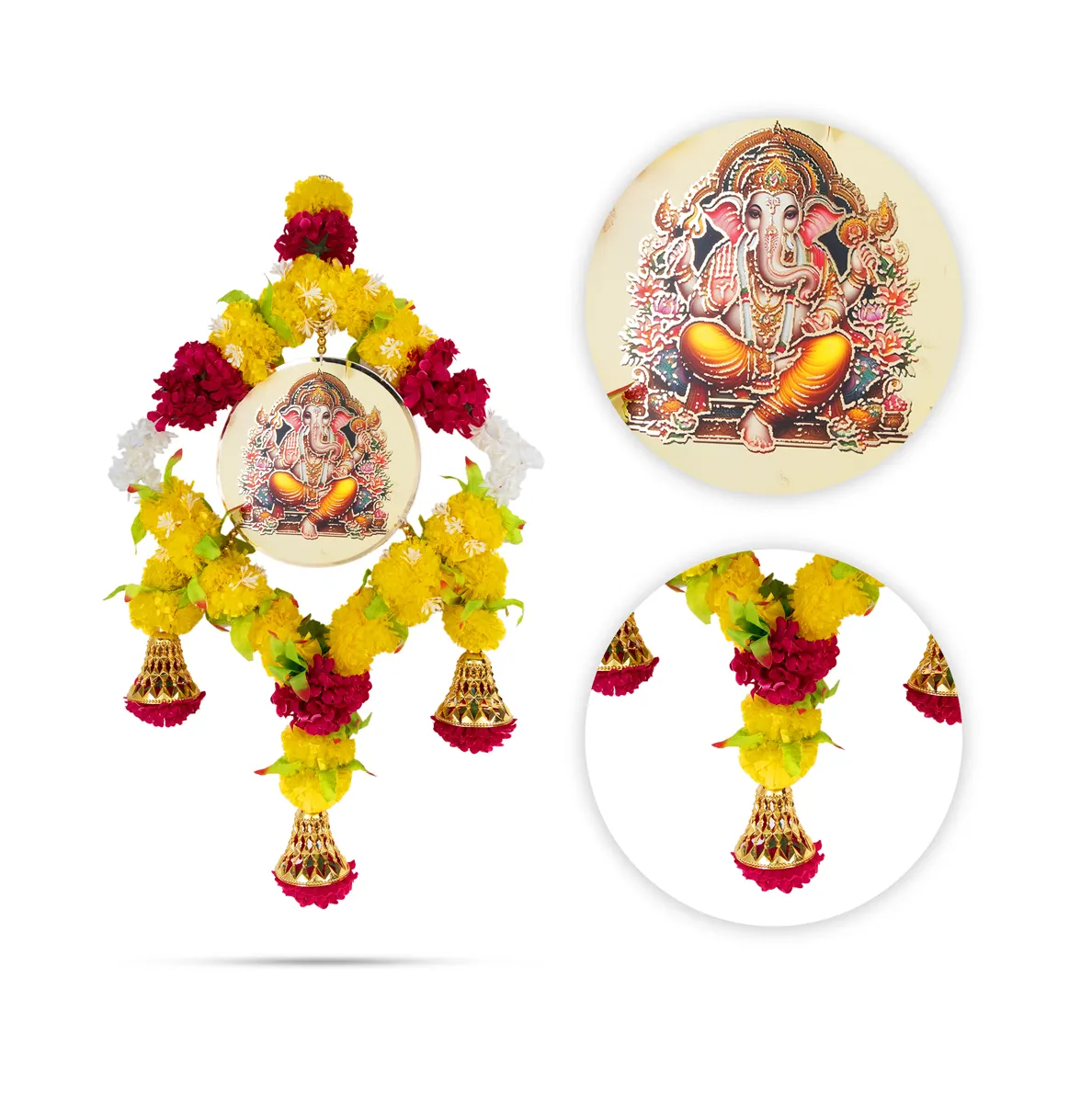 Ganesh Wall Hanging - 23 Inches | Floral Ring With Bells / Decorative Pooja Wall Decor For Home Entrance Door - Image 6