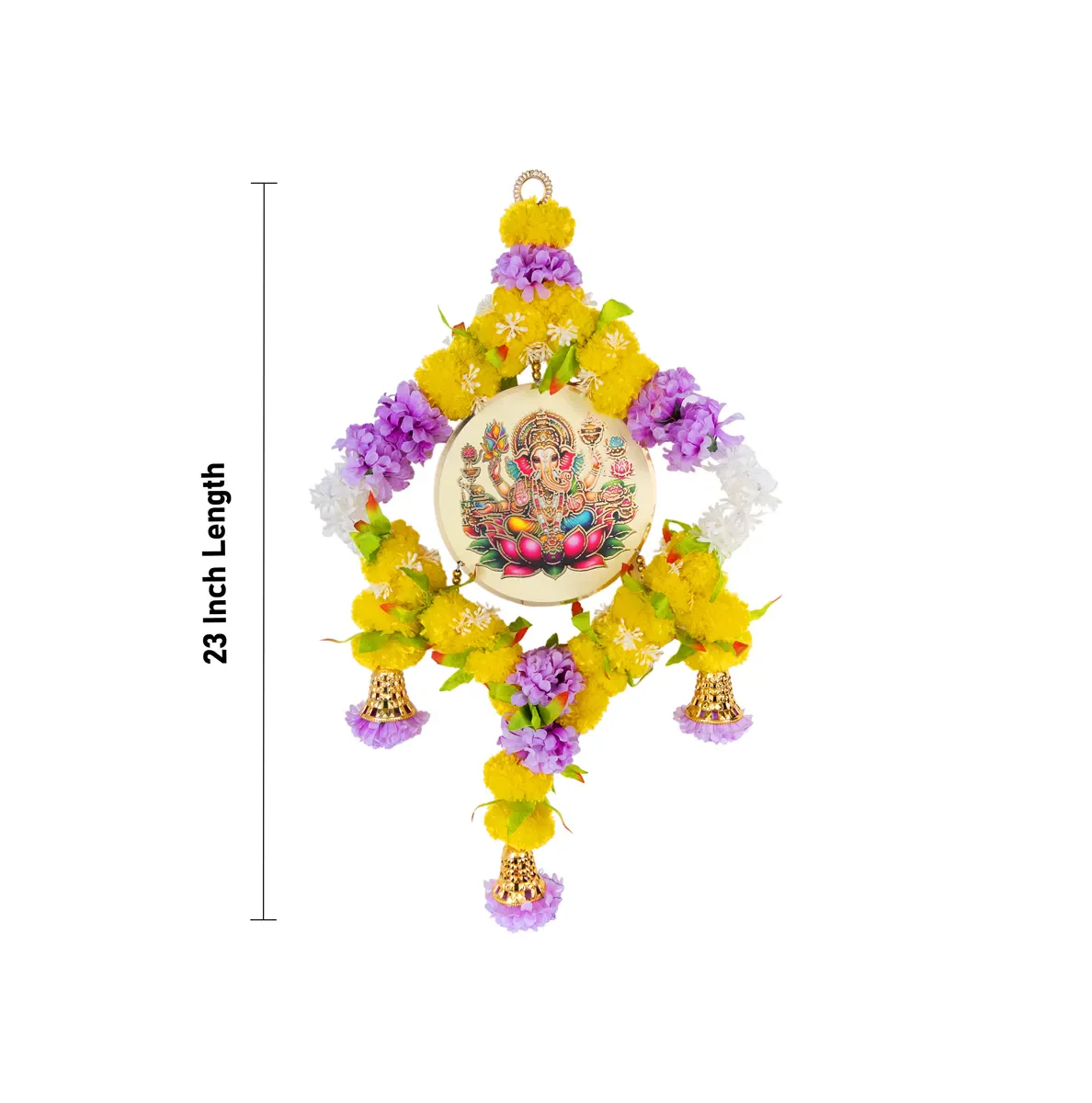 Ganesh Wall Hanging - 23 Inches | Floral Ring With Bells / Decorative Pooja Wall Decor For Home Entrance Door - Image 7