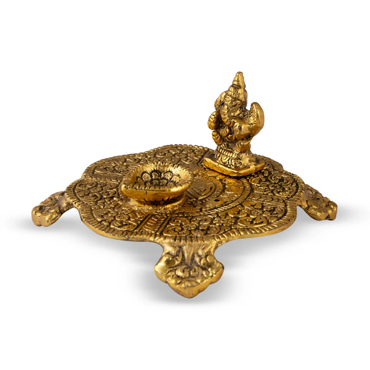 Ganesha Murti With Deep On Plate - 2 x 4 Inches | Aluminium/ Gold Polish Lamp With Ganpati Murti for Pooja - Image 2