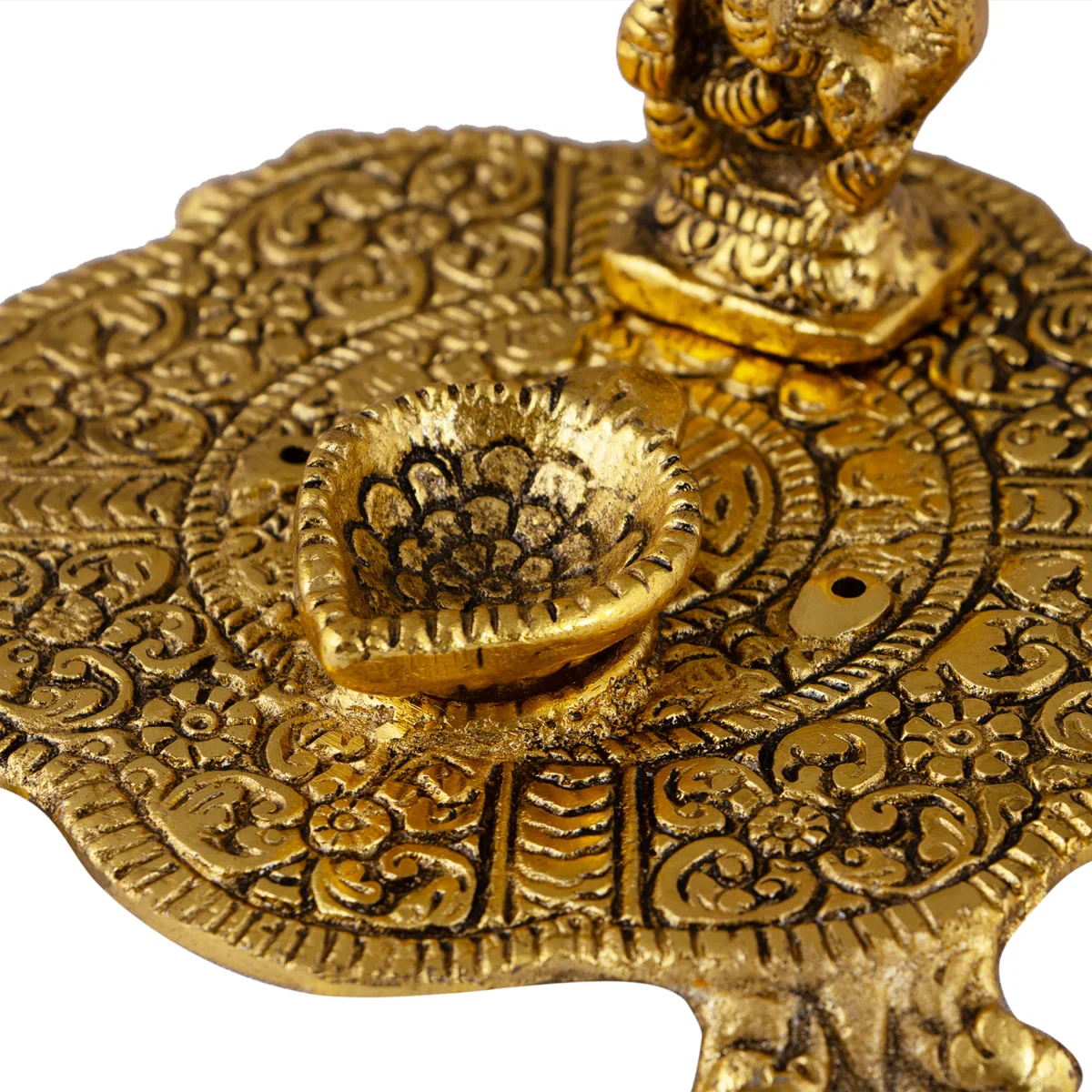 Ganesha Murti With Deep On Plate - 2 x 4 Inches | Aluminium/ Gold Polish Lamp With Ganpati Murti for Pooja - Image 4
