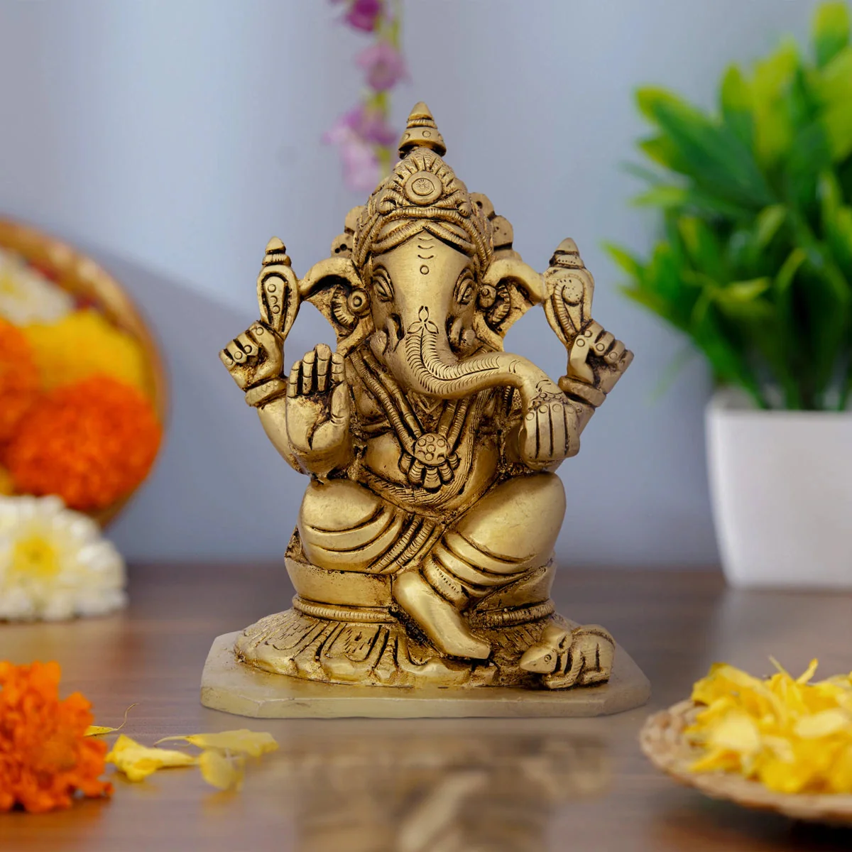 Ganesha Statue Sitting On Base - 5 x 3.5 Inches | Antique Brass Idol/ Vinayaka Idol/ Ganapathy Idol for Pooja - Image 6