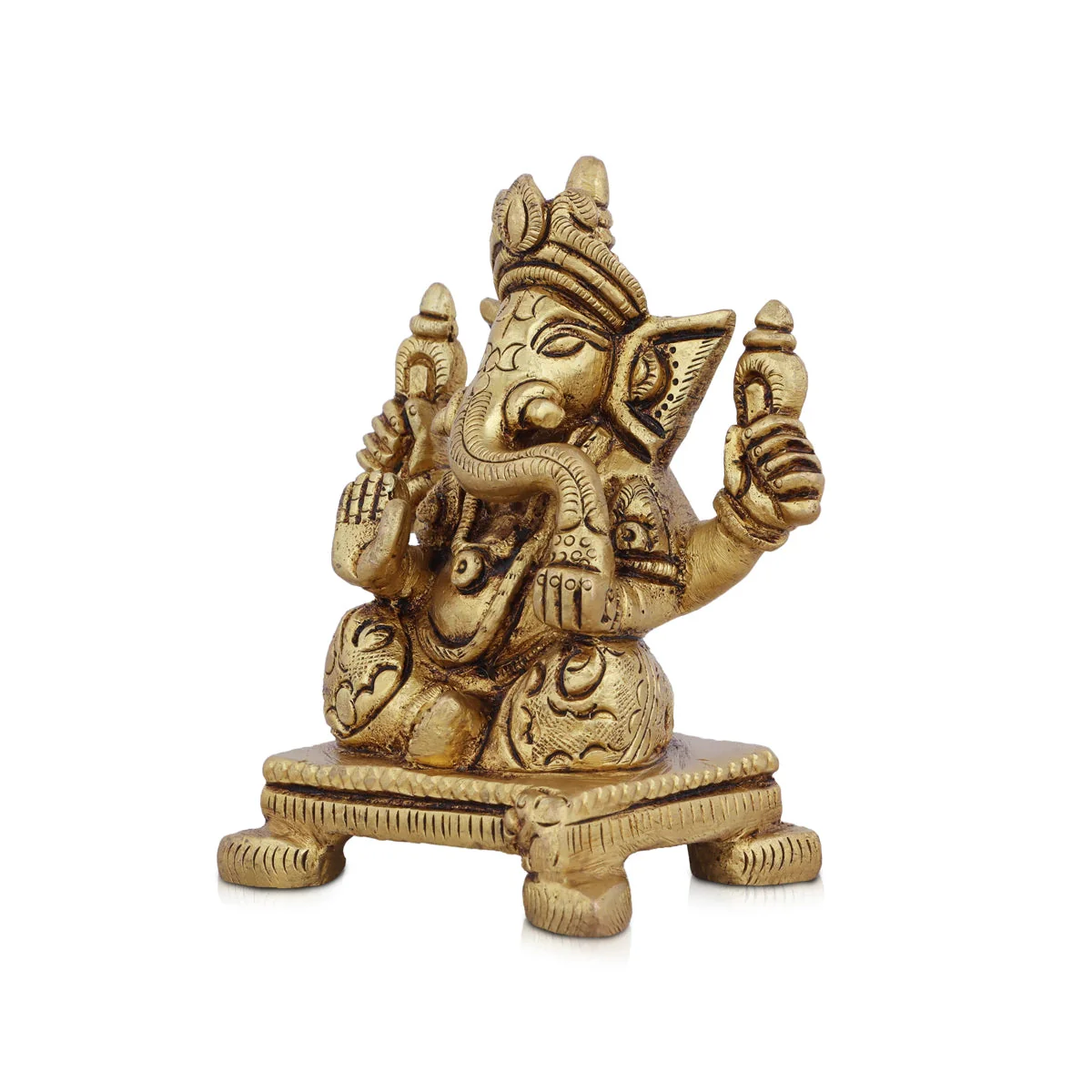 Ganesha Statue Sitting On Chowki - 4 x 3 Inches | Antique Brass Idol/ Vinayaka Idol/ Ganapathy Idol for Pooja - Image 3