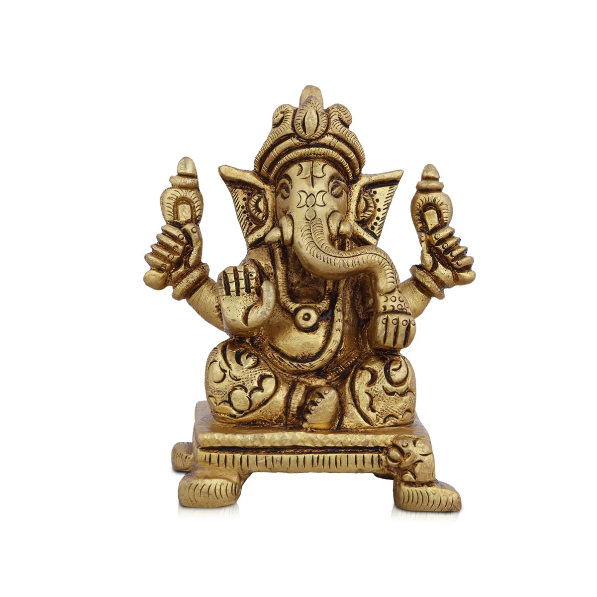 Ganesha Statue Sitting On Chowki - 4 x 3 Inches | Antique Brass Idol/ Vinayaka Idol/ Ganapathy Idol for Pooja - Image 4