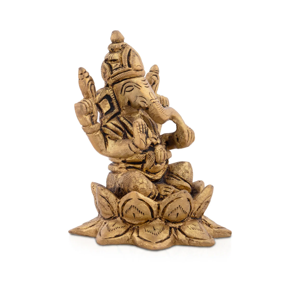 Ganesha Statue Sitting On Flower Base - 3 x 2.5 Inches | Antique Brass Idol/ Ganapathy Idol for Pooja - Image 2