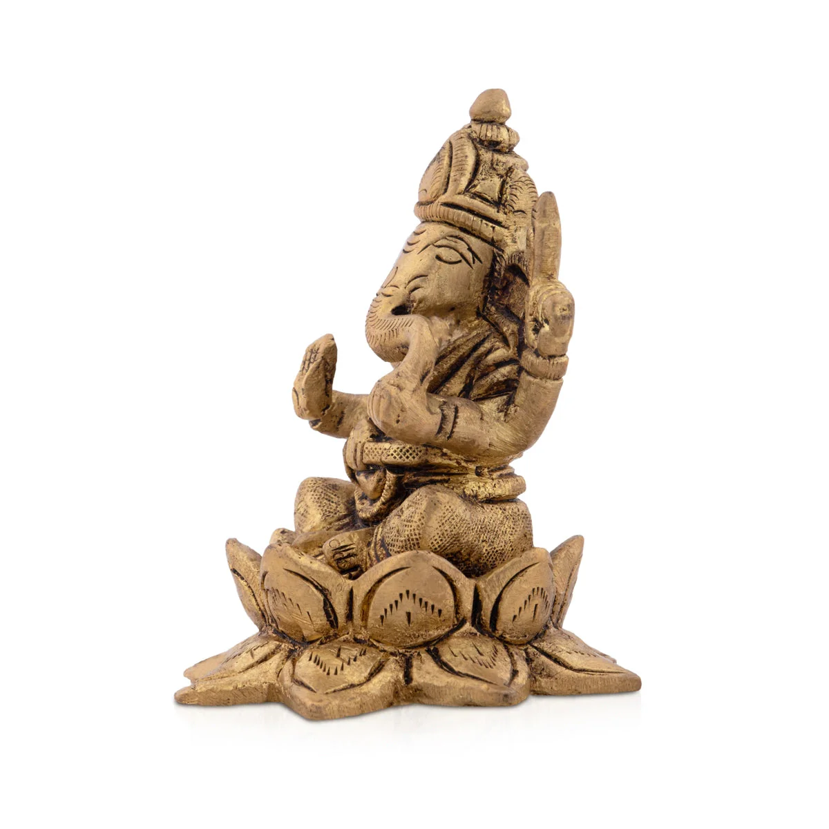 Ganesha Statue Sitting On Flower Base - 3 x 2.5 Inches | Antique Brass Idol/ Ganapathy Idol for Pooja - Image 3