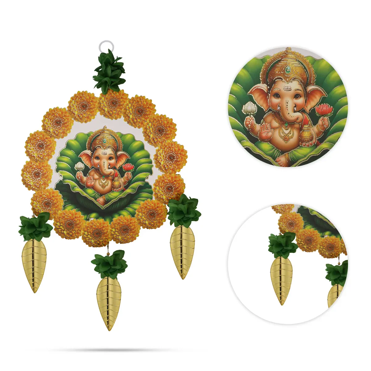 Ganesha Wall Hanging - 21.5 Inches | Artificial Flower Decor/ Leaf Design Hanging for Home Entrance & Puja Decor - Image 2