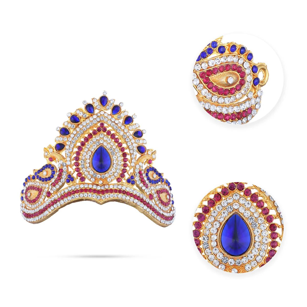Half Stone Kireedam - 4 X 4 Inches | Multicolour Stone Mukut/ Peacock Design Kiridam/ Half Crown For Deity - Image 2