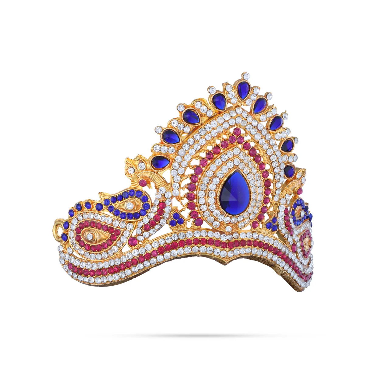 Half Stone Kireedam - 4 X 4 Inches | Multicolour Stone Mukut/ Peacock Design Kiridam/ Half Crown For Deity - Image 3