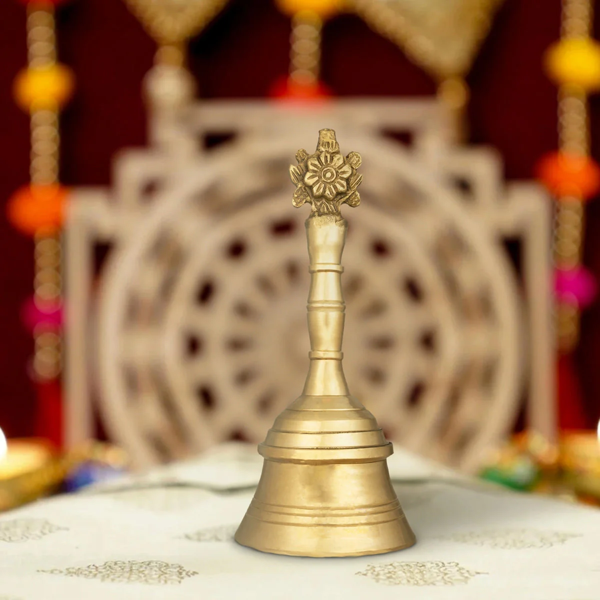 Hand Bell - 6 X 2.5 Inches | Shank Chakra Design Pooja Bell/ Brass Bell For Home - Image 2