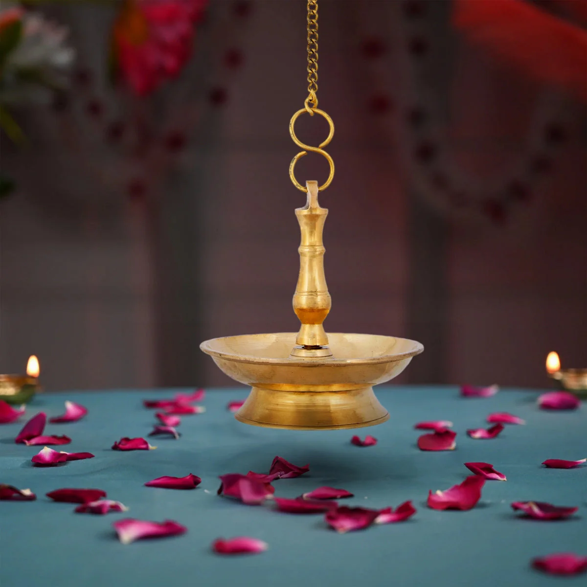 Hanging Lamp With Chain - 4.5 x 4 Inches | Brass Lamp/ Hanging Diya/ Thooku Vilakku for Pooja - Image 4