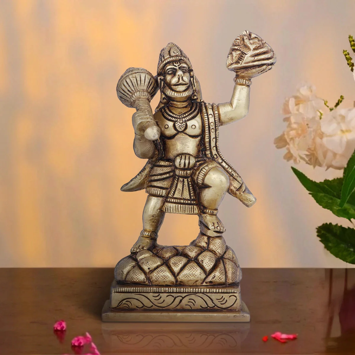Hanuman Statue Lifting Sanjeevani Mountain - 4 x 3 Inches | Antique Brass Idol/ Anjaneya Statue for Pooja - Image 6