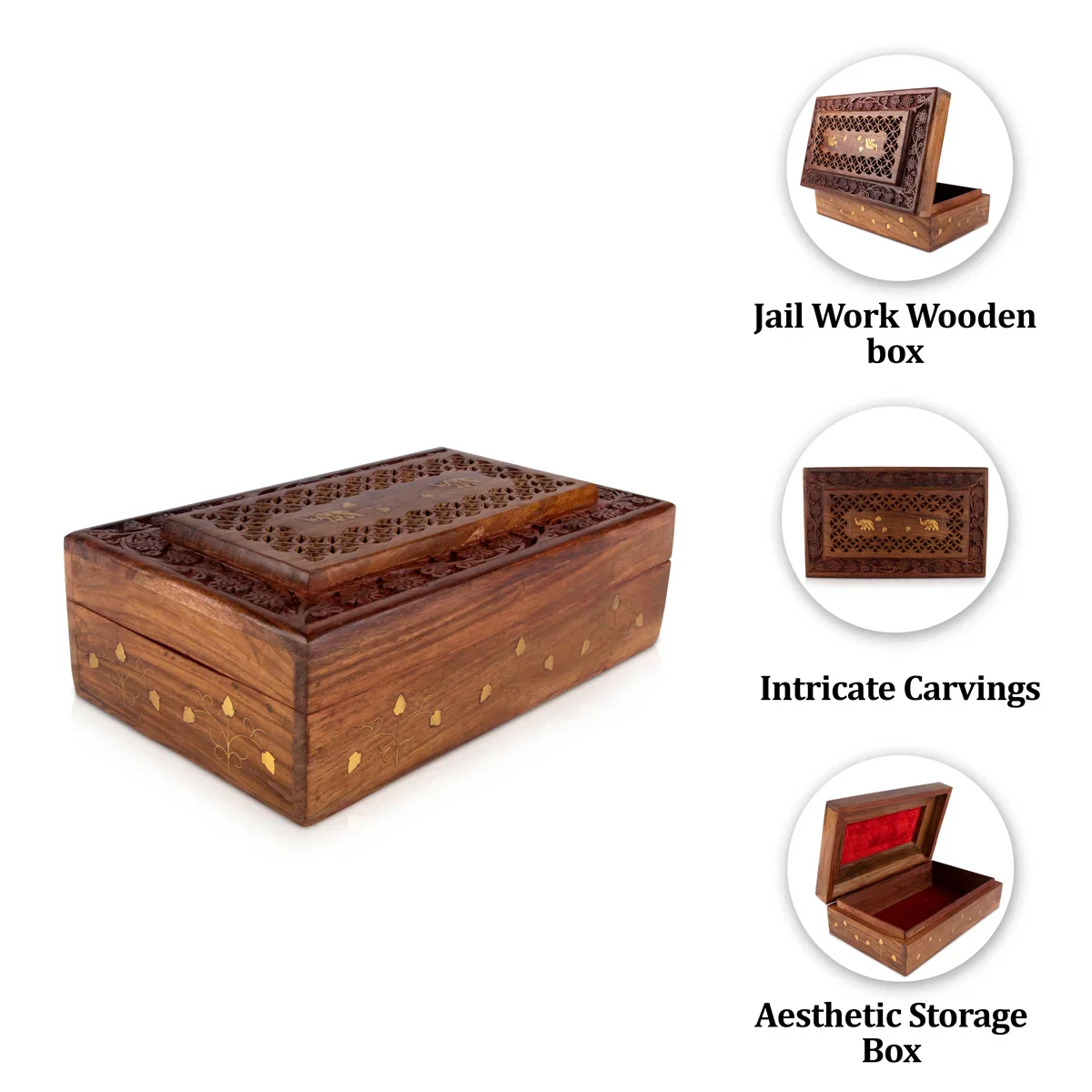 Jewel Box - 3 x 10 Inches | Jali Work Wooden Box/ Elephant Inlaid Design Storage Box for Home - Image 6