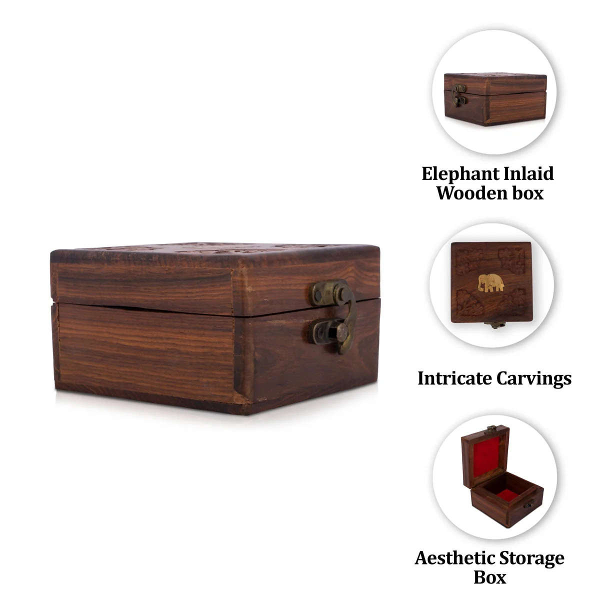Jewel Box - 4 X 4 Inches | Wooden Box/ Elephant Inlaid Design Storage Box For Jewelry & Home - Image 2