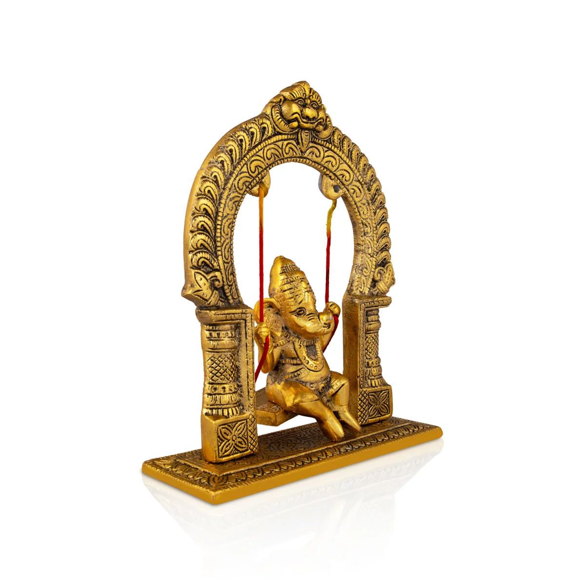 Jhula Ganesh Murti With Arch - 9 x 7.5 Inches | Aluminium/ Gold Polish Ganpati Murti With Base for Pooja - Image 2