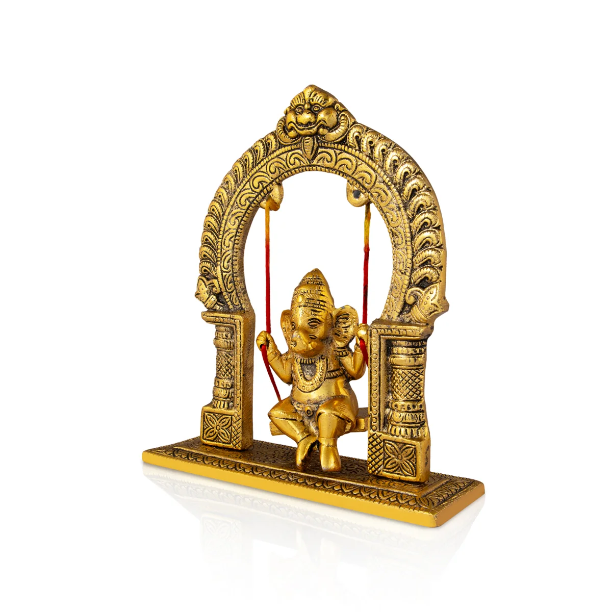 Jhula Ganesh Murti With Arch - 9 x 7.5 Inches | Aluminium/ Gold Polish Ganpati Murti With Base for Pooja - Image 3