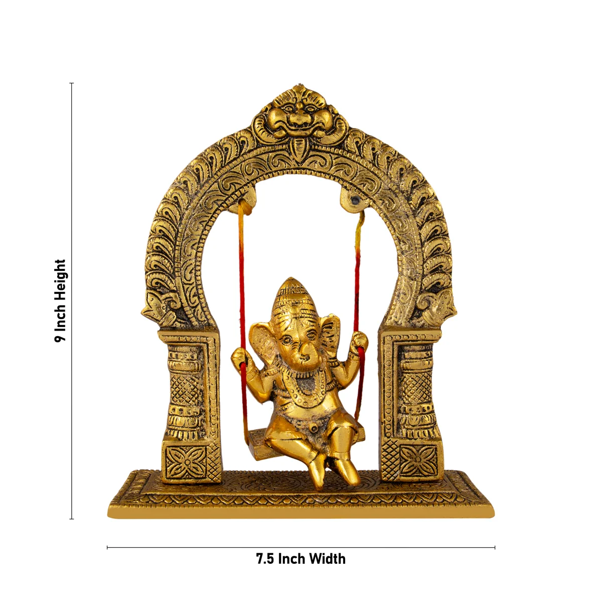 Jhula Ganesh Murti With Arch - 9 x 7.5 Inches | Aluminium/ Gold Polish Ganpati Murti With Base for Pooja - Image 4