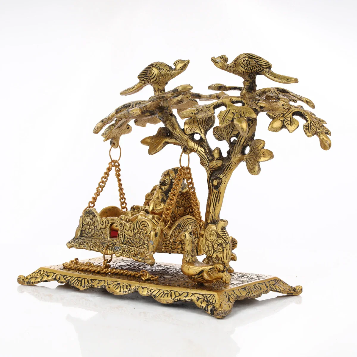 Jhula Krishna Under Tree - 8 x 8 Inches | Gold Polish Idol/ Aluminium Palana with Krishna Statue for Pooja/ 740 Gms Approx - Image 4