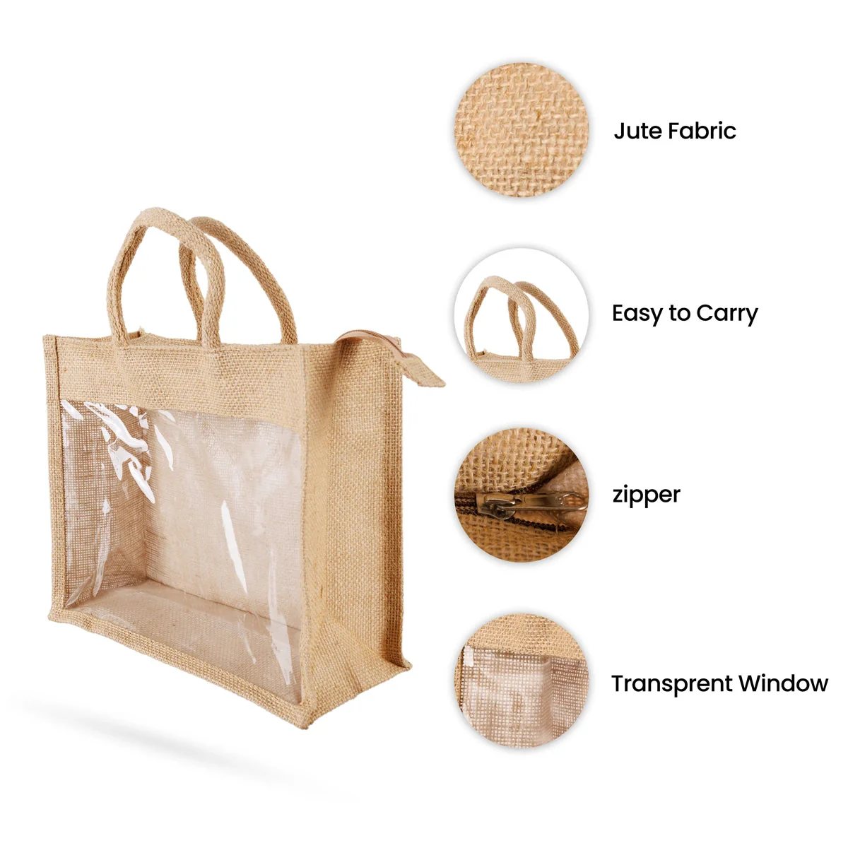 Jute Bag With Zip- 10 X 12 Inches | Jute Handbag/Transparent Cover Gift Bag/Jute Carry Bag For Storage & Shopping - Image 2