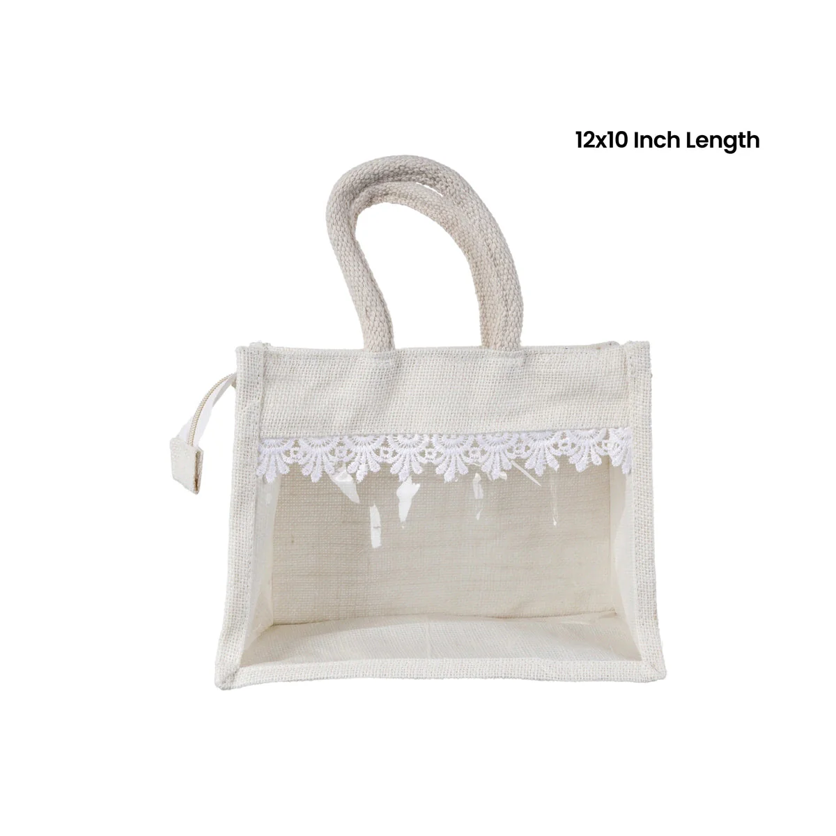 Jute Bag With Zip - 12 X 10 Inches | Lace Design Jute Carry Bag/ Transparent Cover Gift Bag For Return Gifts - Image 2