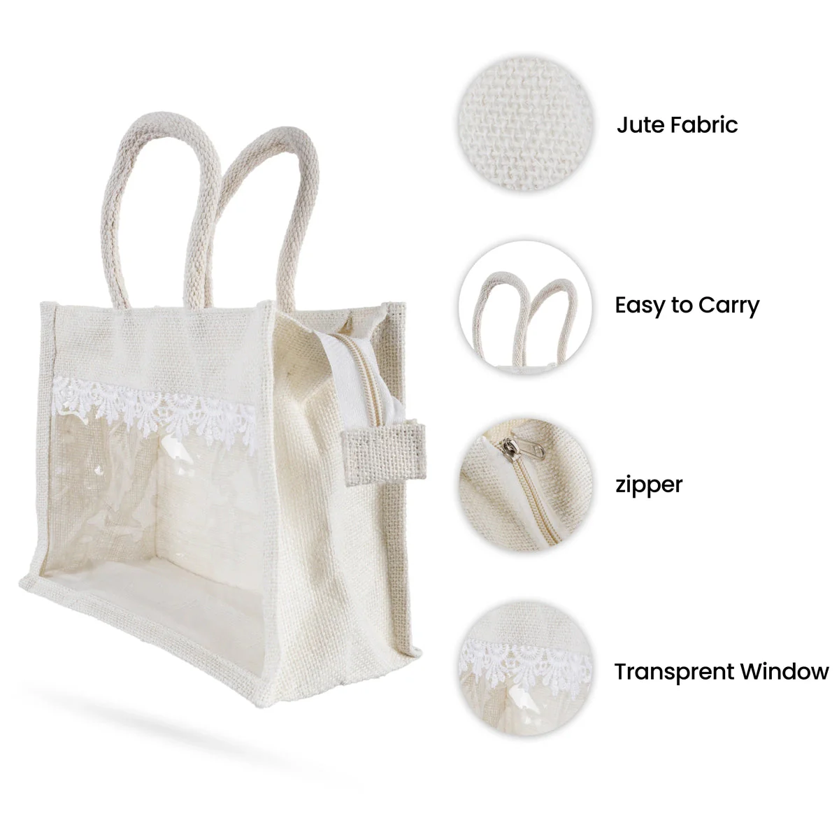 Jute Bag With Zip - 12 X 10 Inches | Lace Design Jute Carry Bag/ Transparent Cover Gift Bag For Return Gifts - Image 3
