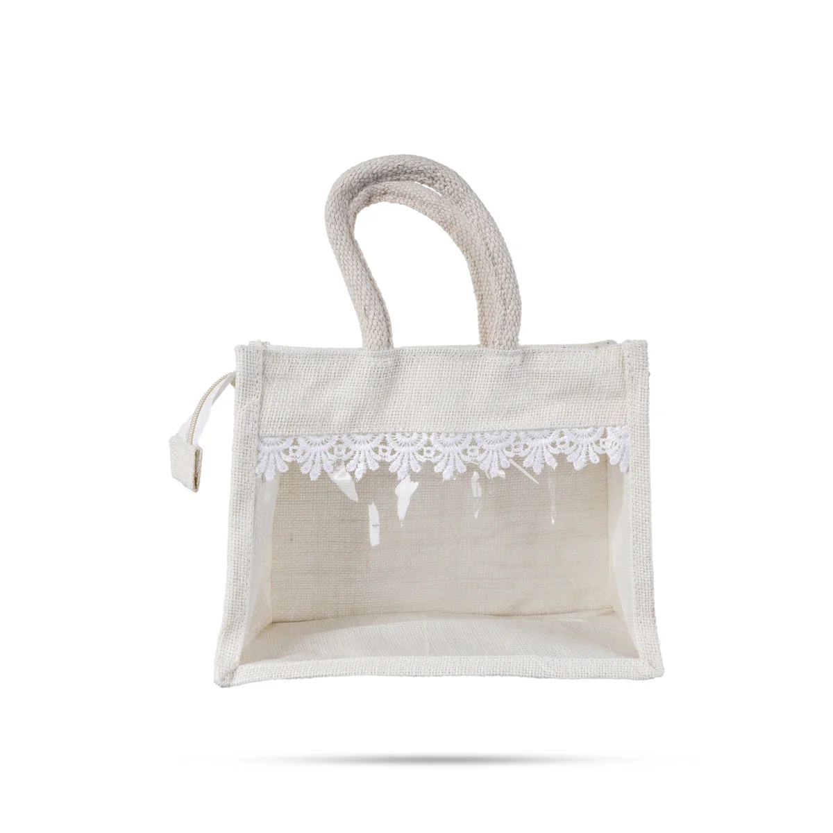 Jute Bag With Zip - 12 X 10 Inches | Lace Design Jute Carry Bag/ Transparent Cover Gift Bag For Return Gifts - Image 5