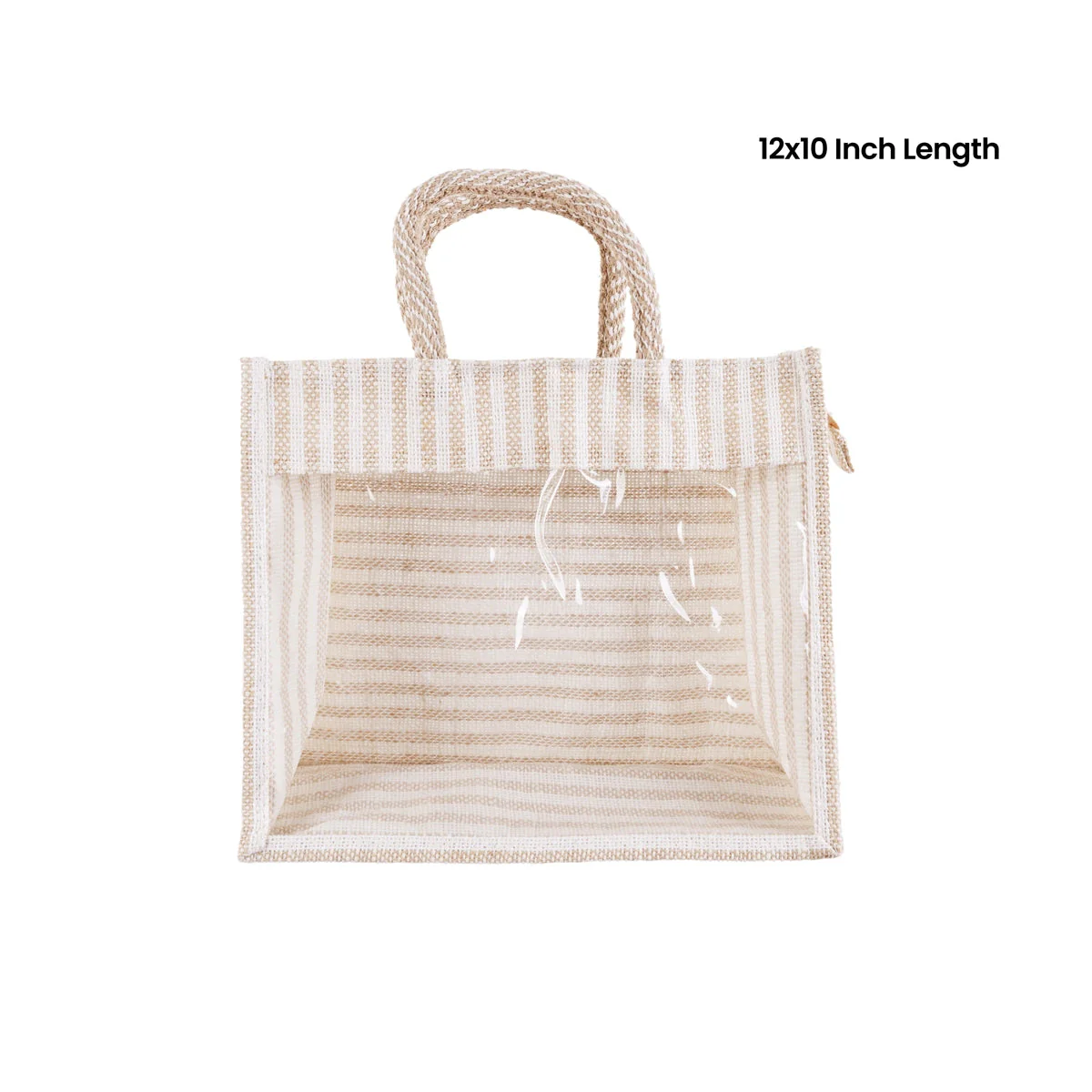 Jute Bag With Zip - 12 X 10 Inches | White Stripes Jute Handbag/ Transparent Cover Gift Bag For Return Gifts