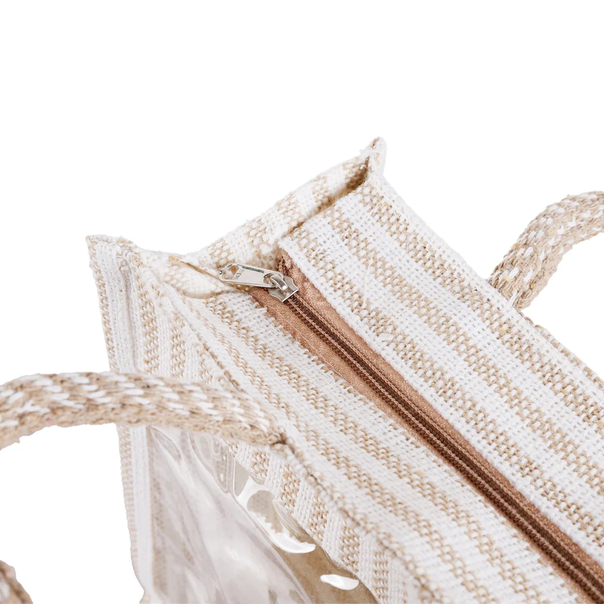 Jute Bag With Zip - 12 X 10 Inches | White Stripes Jute Handbag/ Transparent Cover Gift Bag For Return Gifts - Image 4