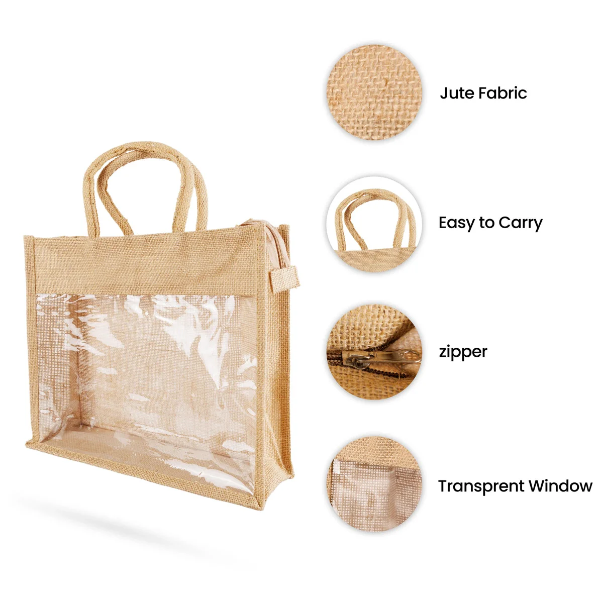 Jute Bag With Zip - 12 X 14 Inches | Jute Carry Bag/ Transparent Cover Gift Bag/ Jute Handbag For Return Gift - Image 4