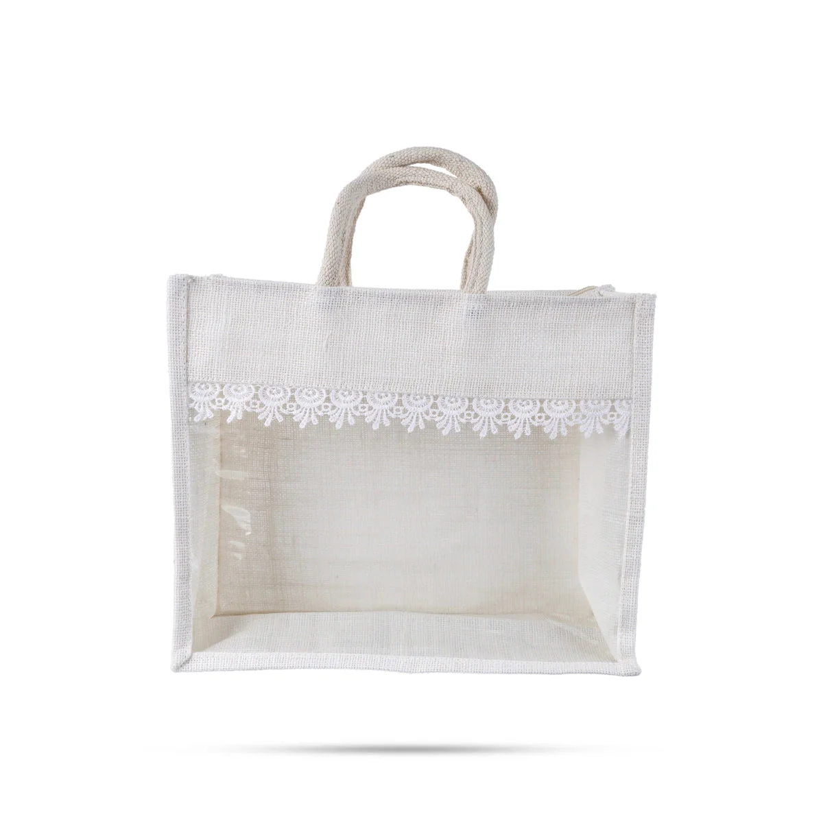 Jute Bag With Zip - 12 X 14 Inches | Lace Design Jute Carry Bag/ Transparent Cover Gift Bag For Return Gifts - Image 2