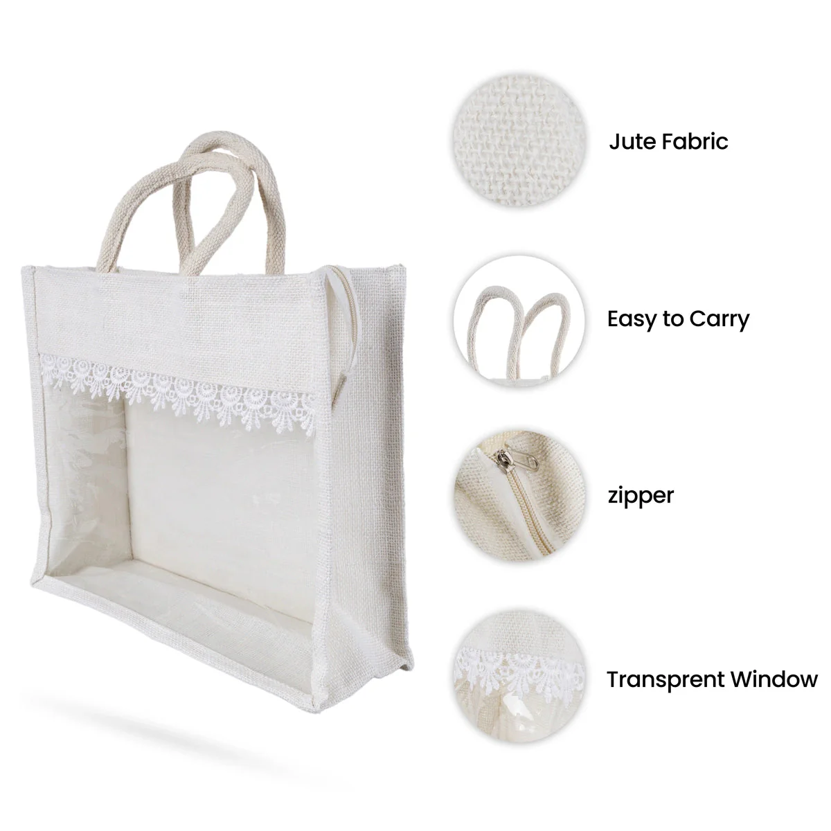 Jute Bag With Zip - 12 X 14 Inches | Lace Design Jute Carry Bag/ Transparent Cover Gift Bag For Return Gifts - Image 3