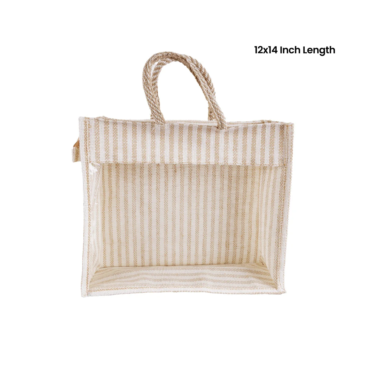 Jute Bag With Zip - 12 X 14 Inches | White Stripes Jute Handbag/ Transparent Cover Gift Bag For Return Gifts