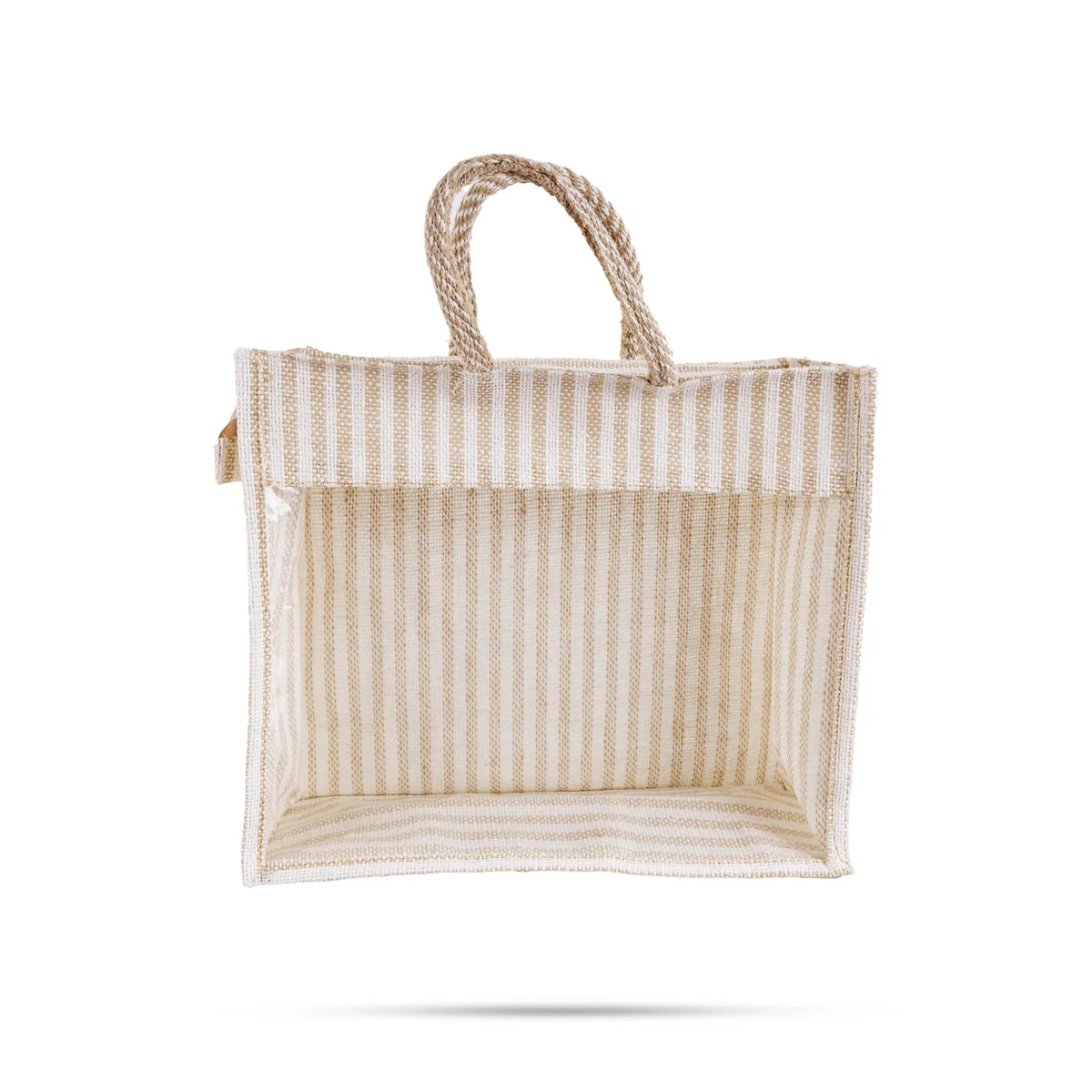 Jute Bag With Zip - 12 X 14 Inches | White Stripes Jute Handbag/ Transparent Cover Gift Bag For Return Gifts - Image 2