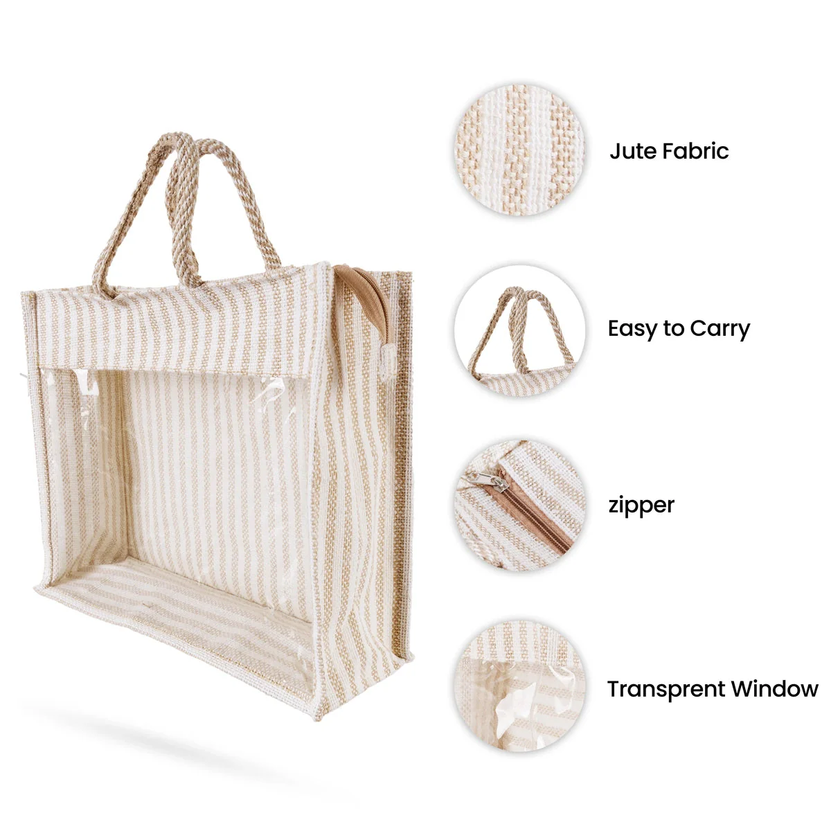 Jute Bag With Zip - 12 X 14 Inches | White Stripes Jute Handbag/ Transparent Cover Gift Bag For Return Gifts - Image 3