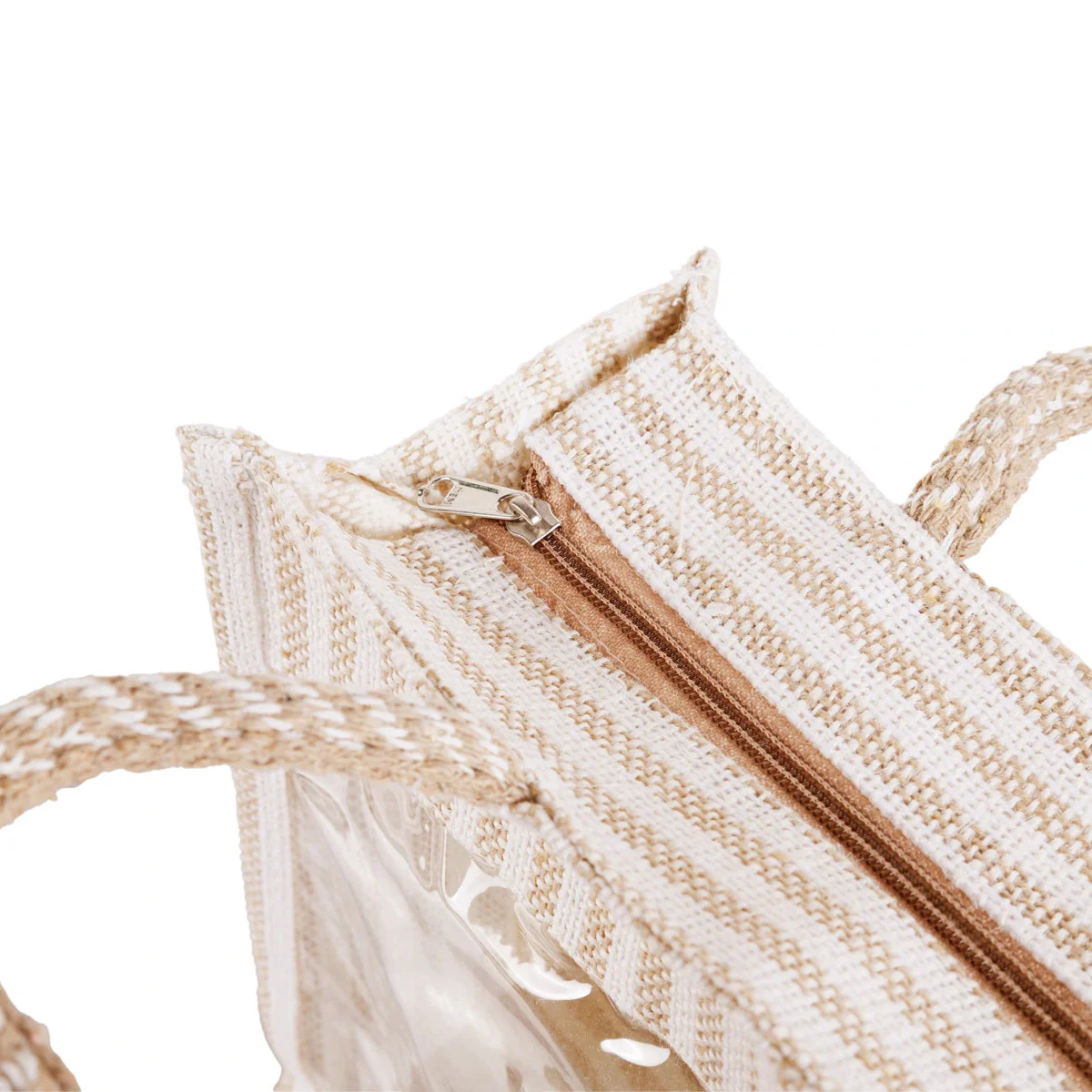 Jute Bag With Zip - 12 X 14 Inches | White Stripes Jute Handbag/ Transparent Cover Gift Bag For Return Gifts - Image 4