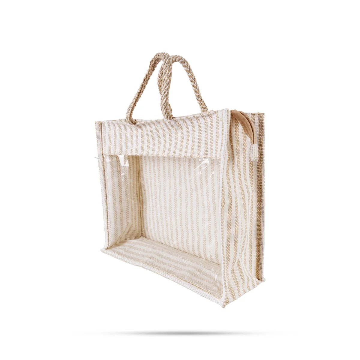 Jute Bag With Zip - 12 X 14 Inches | White Stripes Jute Handbag/ Transparent Cover Gift Bag For Return Gifts - Image 5