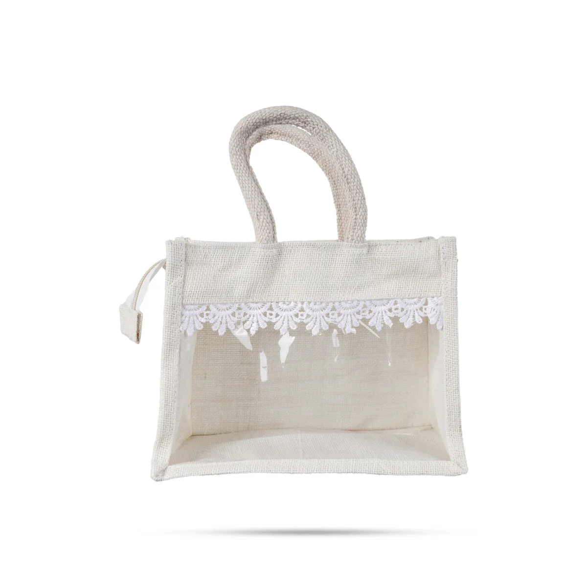 Jute Bag With Zip - 8 X 10 Inches | Lace Design Jute Carry Bag/ Transparent Cover Gift Bag For Return Gifts - Image 2