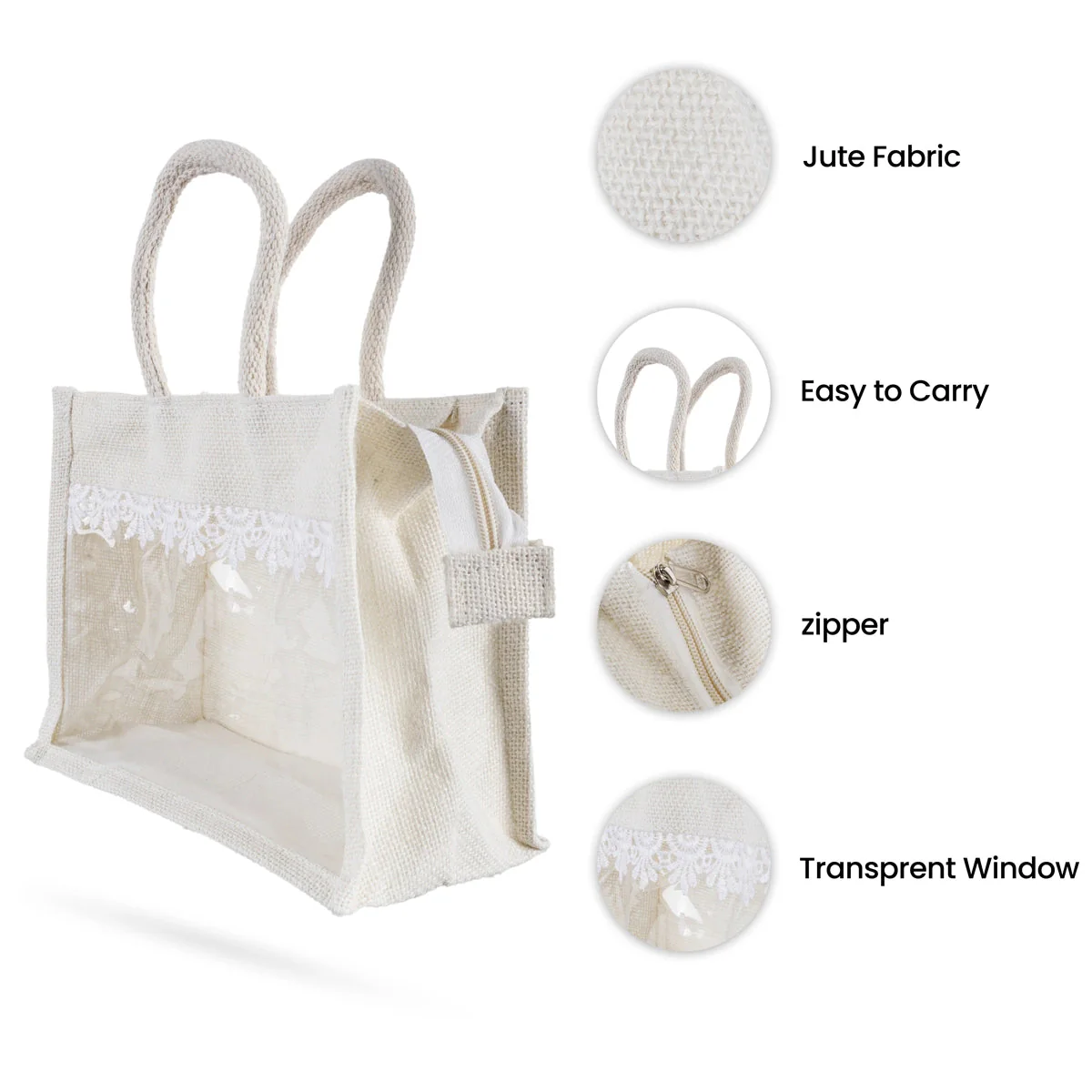 Jute Bag With Zip - 8 X 10 Inches | Lace Design Jute Carry Bag/ Transparent Cover Gift Bag For Return Gifts - Image 3