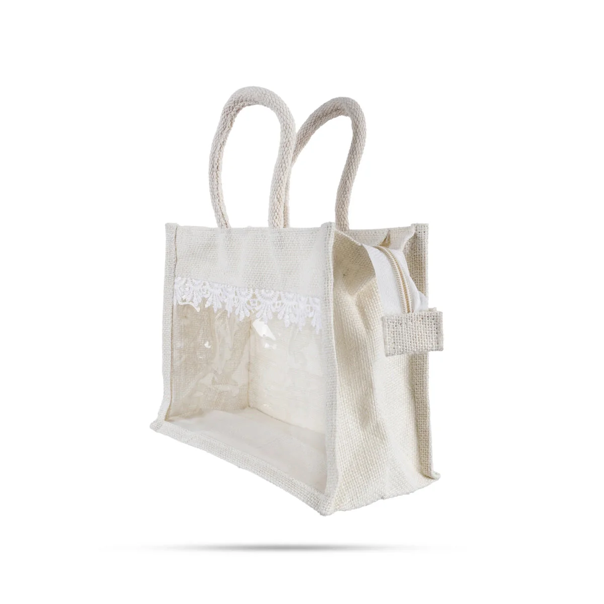 Jute Bag With Zip - 8 X 10 Inches | Lace Design Jute Carry Bag/ Transparent Cover Gift Bag For Return Gifts - Image 5