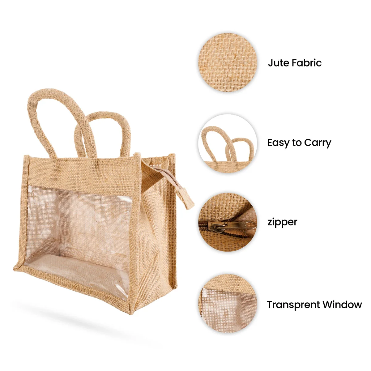 Jute Bag With Zip - 8 X 10 Inches | Transparent Cover Gift Bag/ Jute Handbag/ Jute Carry Bag For Return Gifts - Image 3