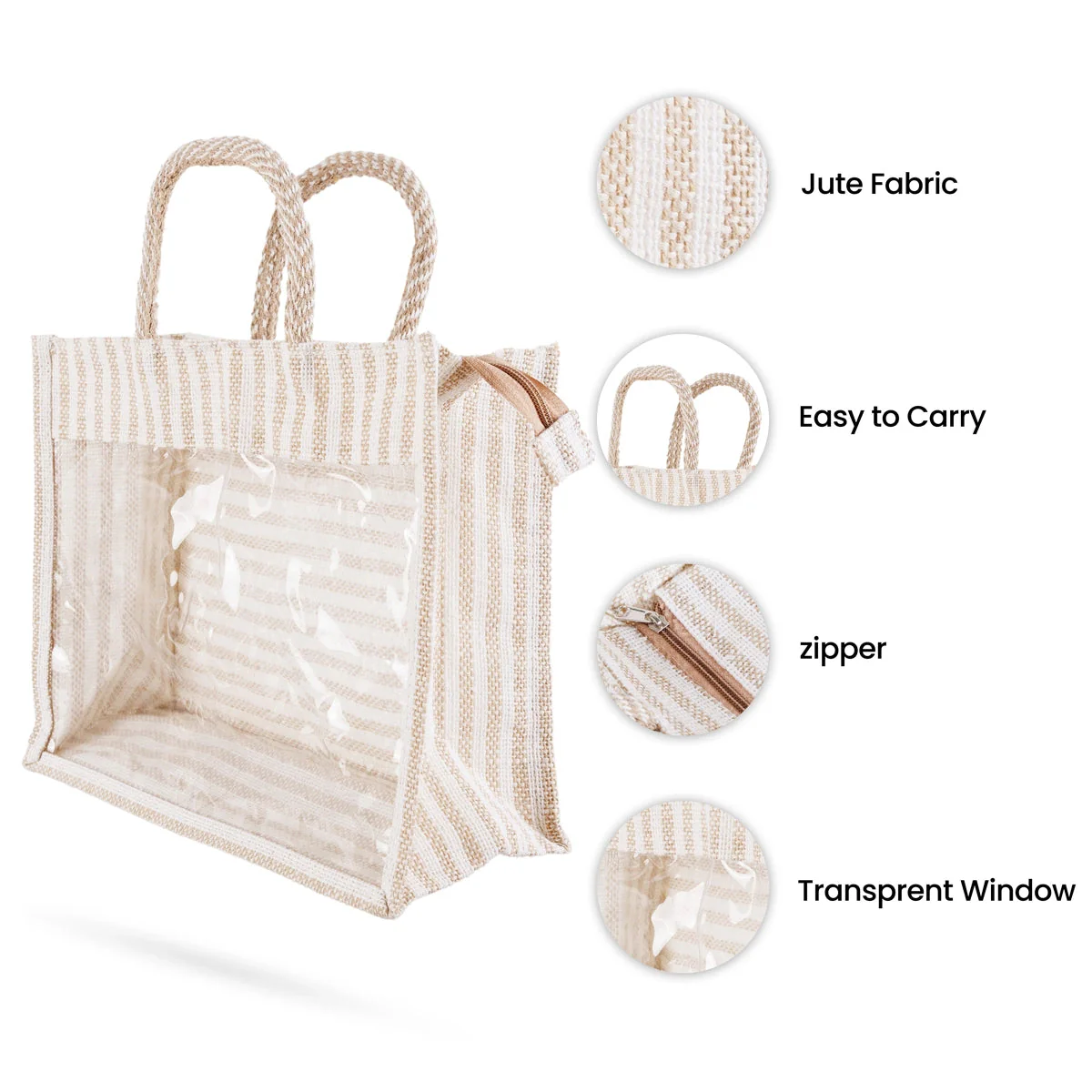 Jute Bag With Zip - 8 X 10 Inches | White Stripes Jute Handbag/ Transparent Cover Gift Bag For Return Gifts - Image 2
