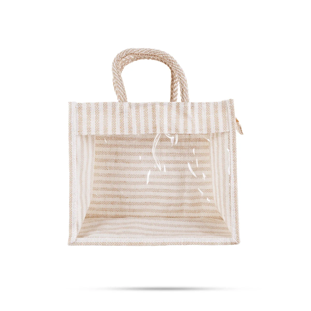 Jute Bag With Zip - 8 X 10 Inches | White Stripes Jute Handbag/ Transparent Cover Gift Bag For Return Gifts - Image 4
