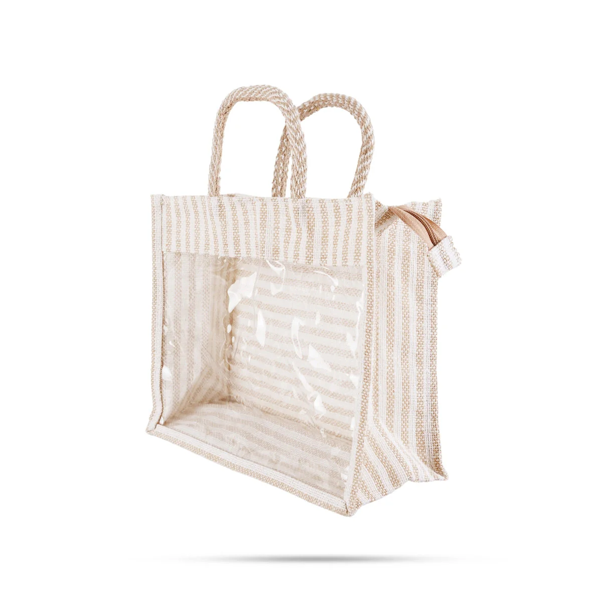Jute Bag With Zip - 8 X 10 Inches | White Stripes Jute Handbag/ Transparent Cover Gift Bag For Return Gifts - Image 6