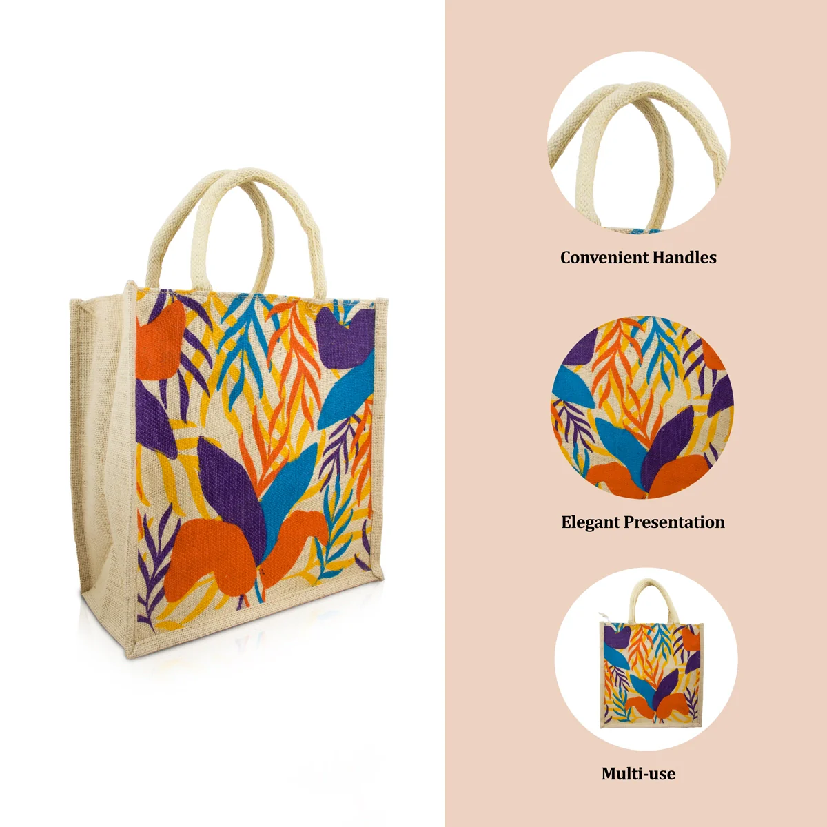 Jute Lunch Bag with Zip - 12 x 12 Inches | Jute Bag/ Handbag/ Tote Bag for Women/ Assorted Colour - Image 9