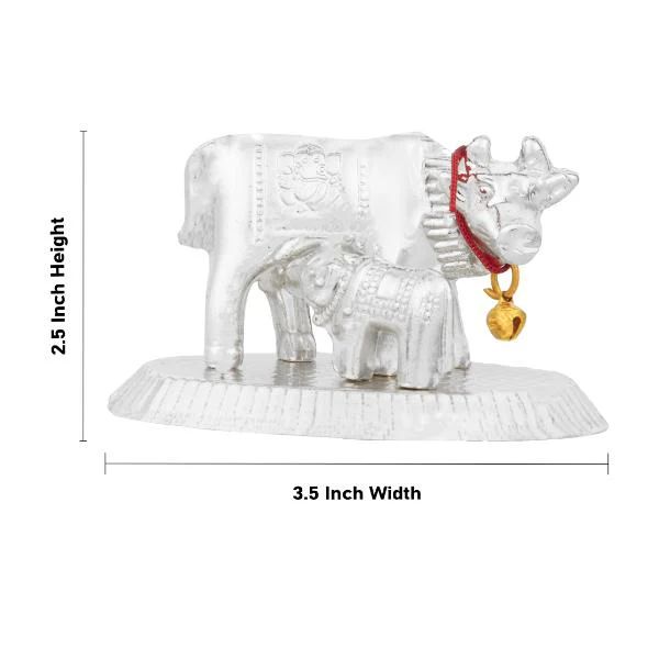 Cow With Calf Idol With Base - 2.5 x 3.5 Inches | White Metal Kamdhenu Cow And Calf Statue for Home Decor - Image 2