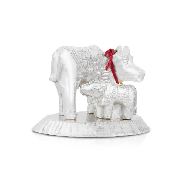 Cow With Calf Idol With Base - 2.5 x 3.5 Inches | White Metal Kamdhenu Cow And Calf Statue for Home Decor - Image 4