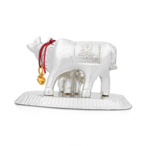 Cow With Calf Idol With Base - 2.5 x 3.5 Inches | White Metal Kamdhenu Cow And Calf Statue for Home Decor - Image 5