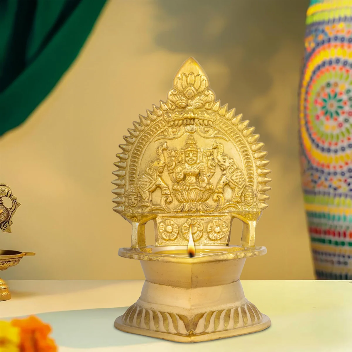 Kamakshi Lamp - 6 x 3.5 Inches | Brass Vilakku/ Diya/ Gold Polish Deep for Pooja/ 395 Gms Approx