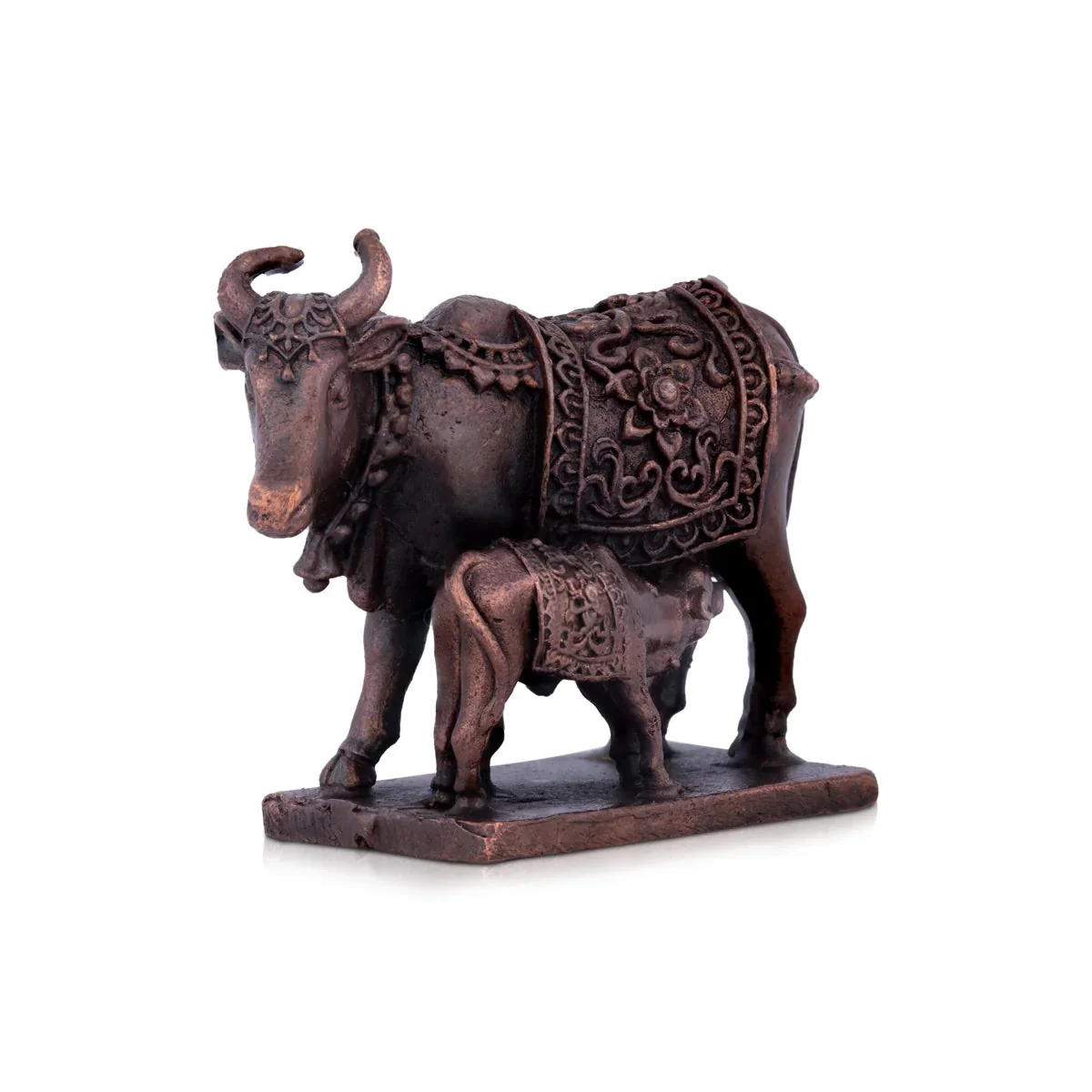Kamdhenu Cow With Calf Idol With Base - 1.5 x 2 Inches | Copper Statue/ Cow And Calf Statue for Home Decor - Image 2