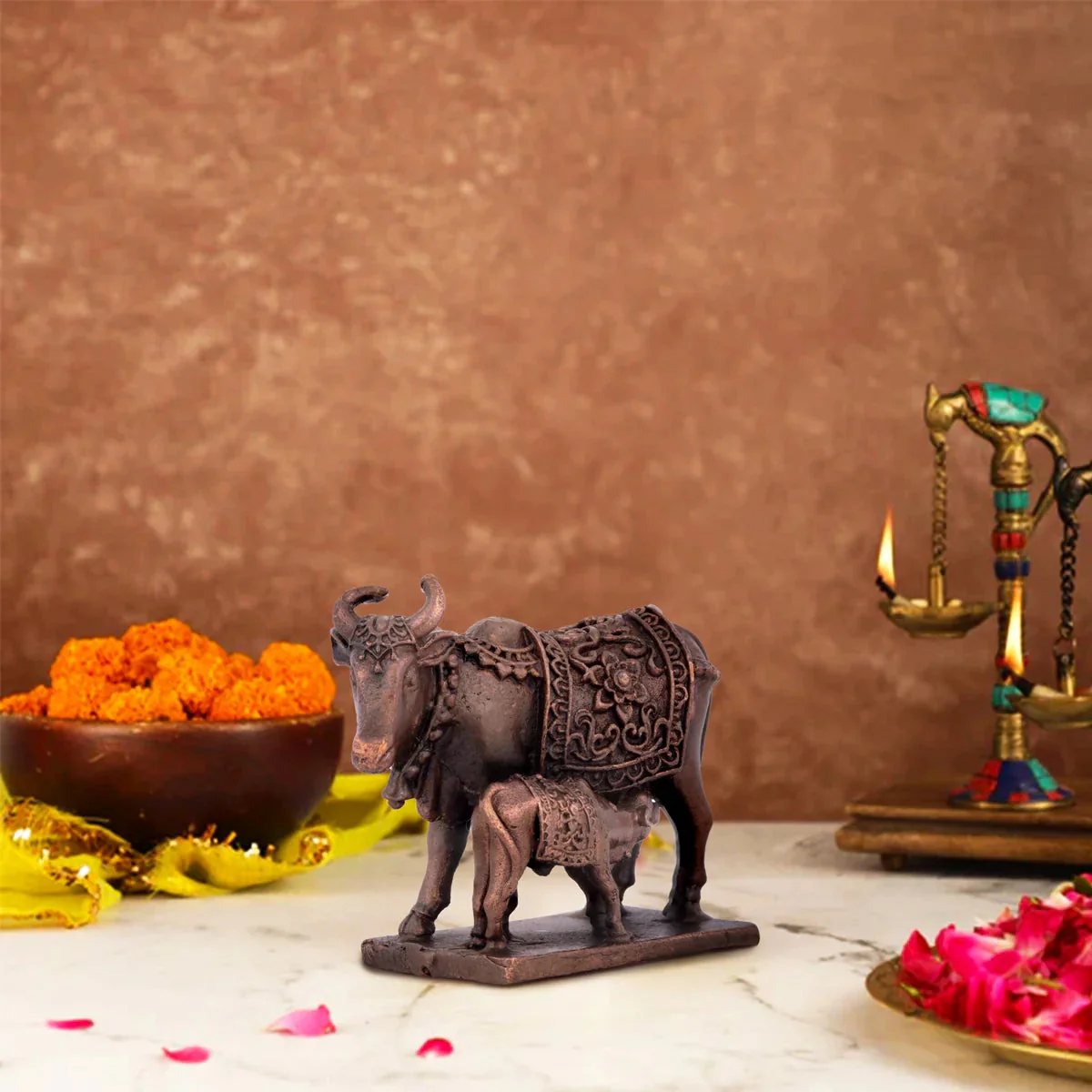 Kamdhenu Cow With Calf Idol With Base - 1.5 x 2 Inches | Copper Statue/ Cow And Calf Statue for Home Decor - Image 6