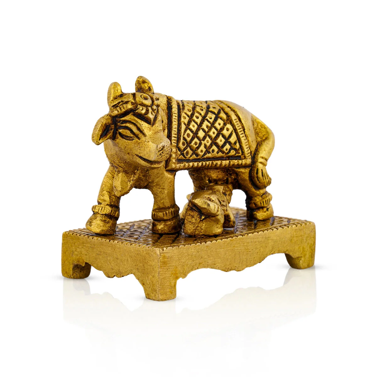 Kamdhenu Cow With Calf Idol With Base- 2 x 2.5 Inches | Brass Idol/ Antique Polish Cow And Calf Statue for Home - Image 2